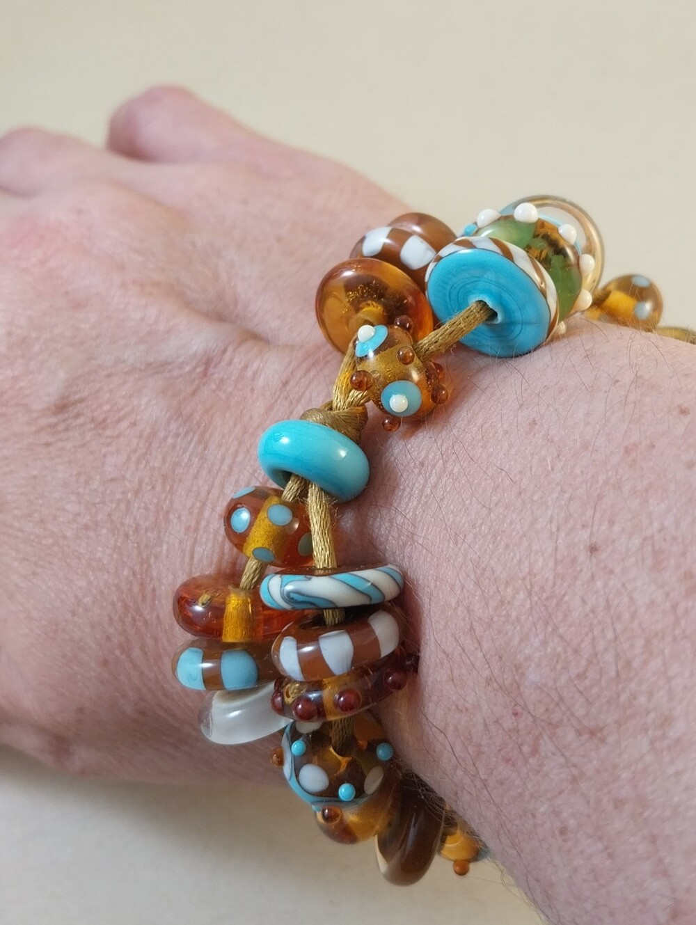 Vintage Lampwork Turquoise and Amber Glass Bead Bracelet - Picture 2 of 10